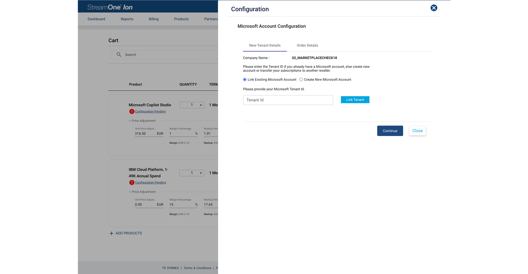 02 · Microsoft account configuration opened from the cart.